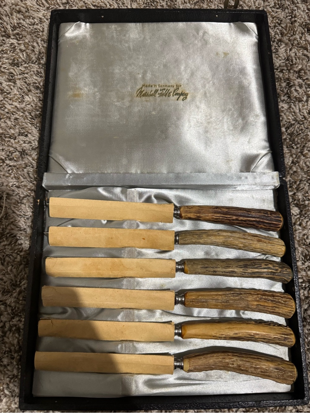 Vintage Marshall Field Germany Stainless Knife Set Stag handle 6pc With Case